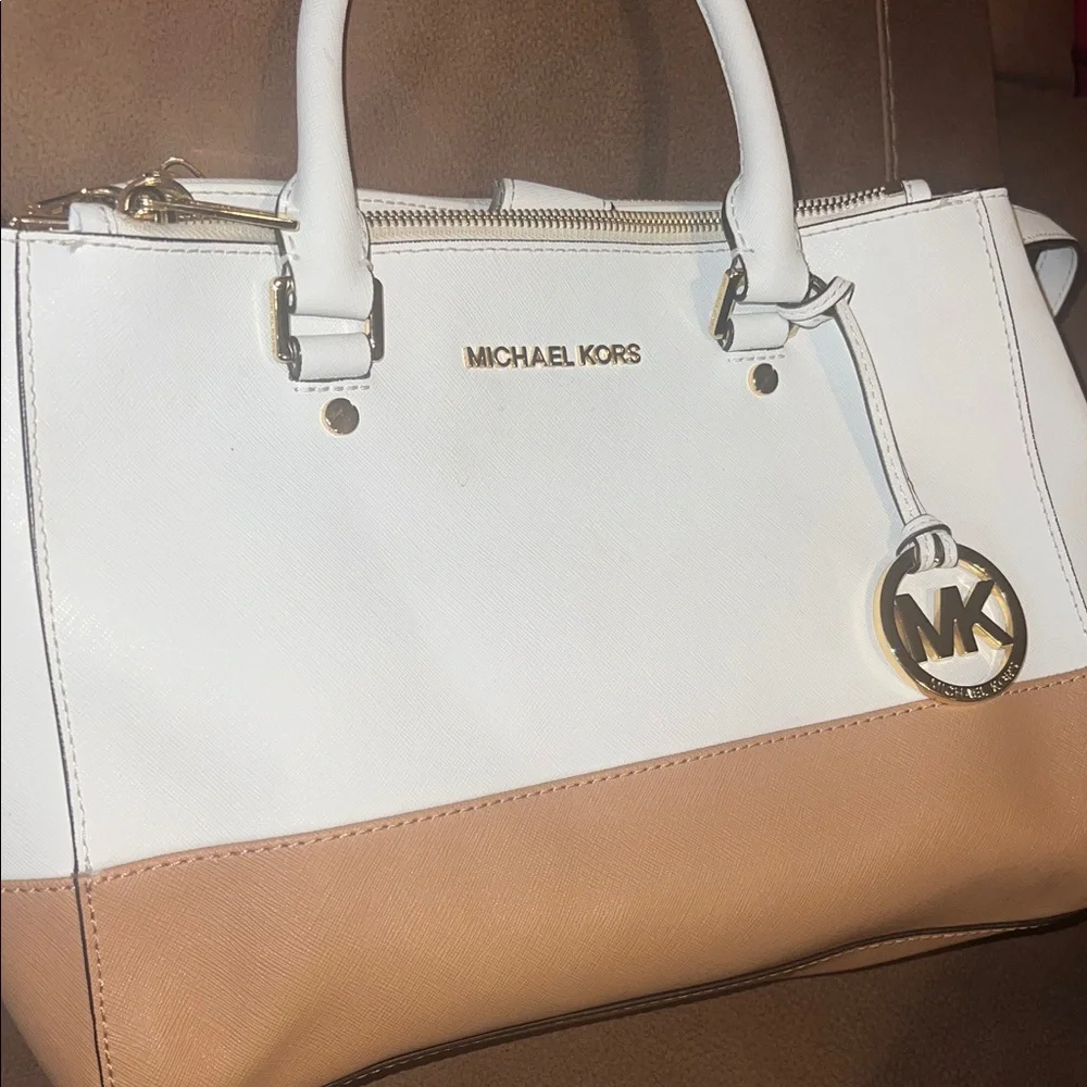 Michael Kors White and Tan Leather Satchel with Gold Hardware